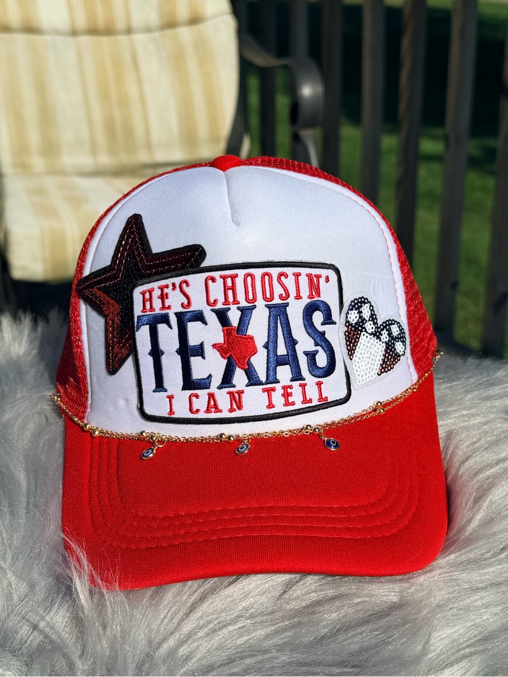 Red "He's Choosin' Texas" Embroidered Trucker hat